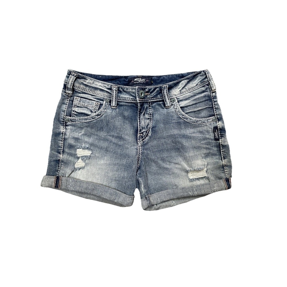 Women's Silver Jeans Sam Shorts 27x4.5 Distressed Rolled Cuff Denim Mid Rise